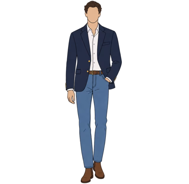 ผู้ชายไร้ใบหน้าใส่ Blazer สีกรม เสื้อเชิ้ตขาว ยีนส์สีฟ้า และบูทหนังสีน้ำตาล