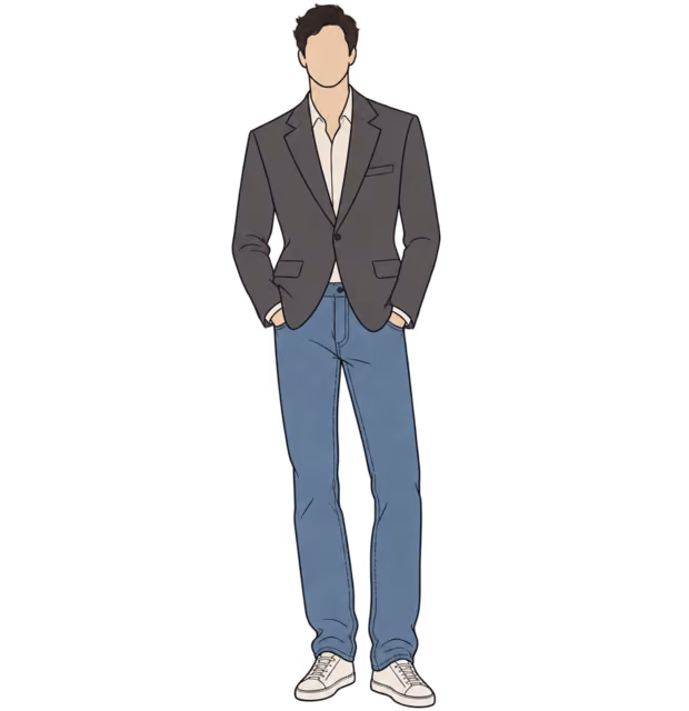 ผู้ชายไร้ใบหน้าใส่ Suit Jacket สีเทากับยีนส์สีฟ้าและสนีกเกอร์ขาว