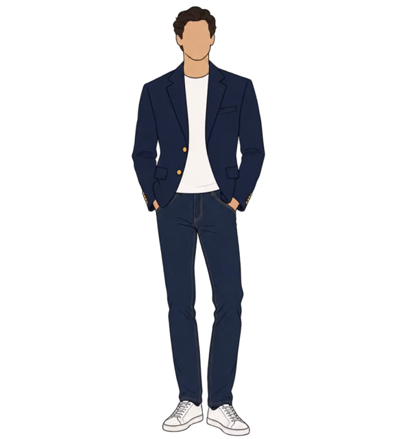 ผู้ชายไร้ใบหน้าใส่ Blazer สีกรม เสื้อยืดขาว ยีนส์สีเข้ม และสนีกเกอร์ขาว