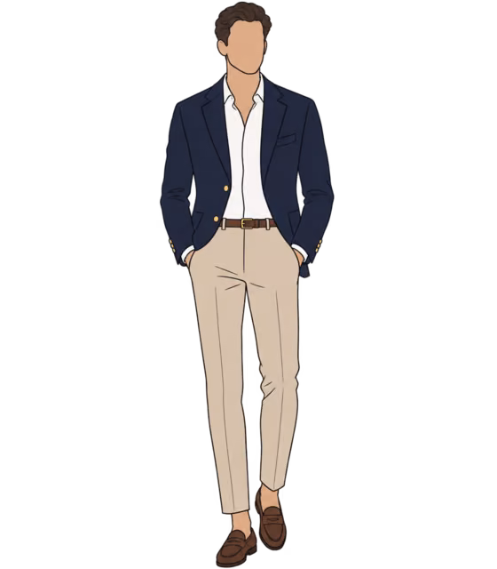 ผู้ชายไร้ใบหน้าใส่ Blazer สีกรม เสื้อเชิ้ตขาวเปิดคอ กางเกง Chinos สีทราย และโลฟเฟอร์สีน้ำตาล