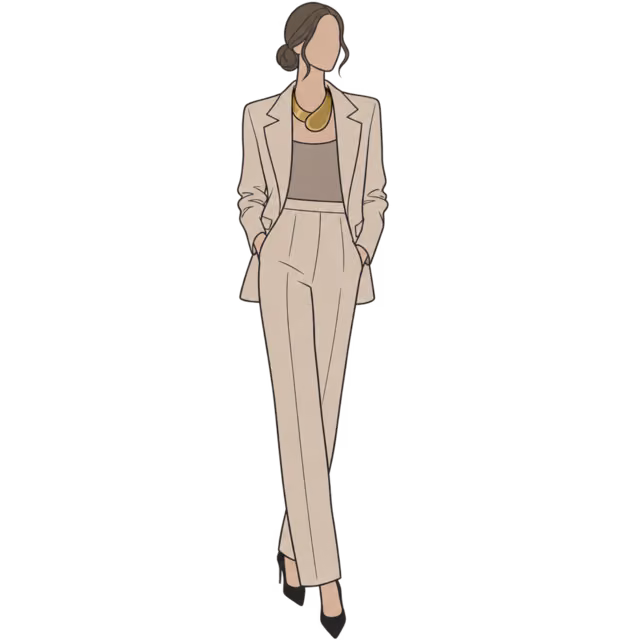 ลุค Classic ผสม Dramatic: Blazer สีทรายพร้อมสร้อยทอง Statement และส้นสูงสีดำ
