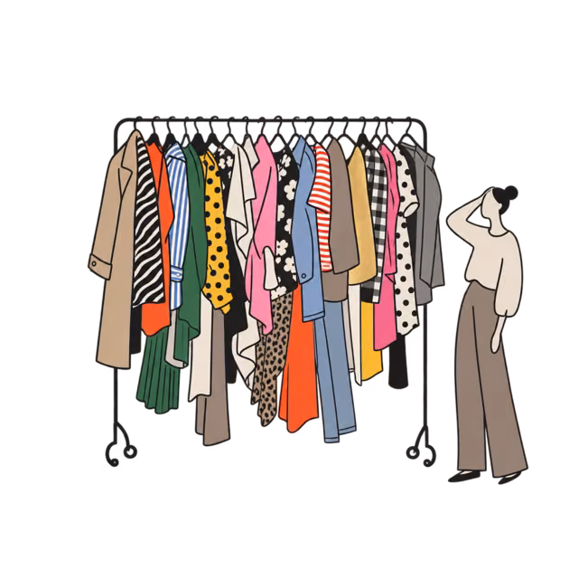 ราวเสื้อผ้าแน่นที่เต็มไปด้วยชิ้นที่เข้ากันไม่ได้ มีร่างไร้ใบหน้ายกมือแตะศีรษะ