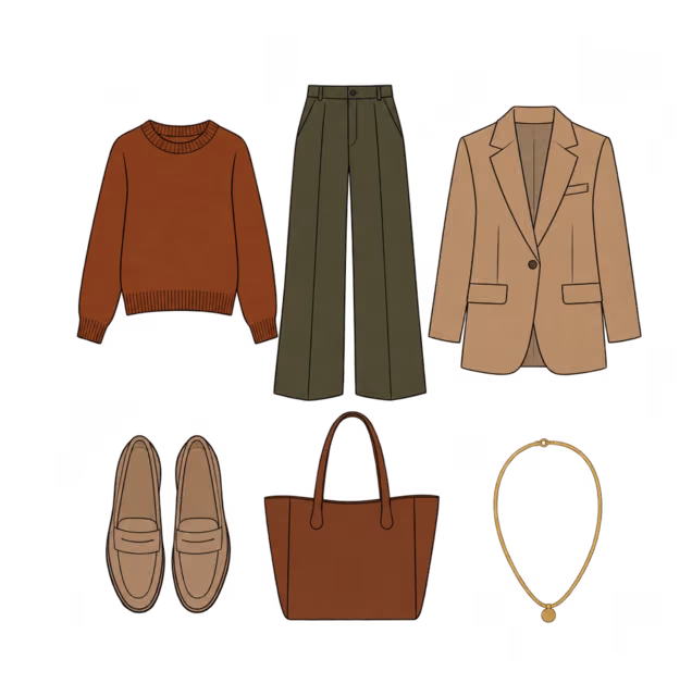 เสื้อผ้าหกชิ้นโทน Deep Autumn วางเรียงกัน ได้แก่ ไนต์สีสนิม กางเกงสีมะกอก เบลเซอร์สีแคเมล โลฟเฟอร์ กระเป๋า และสร้อยทอง