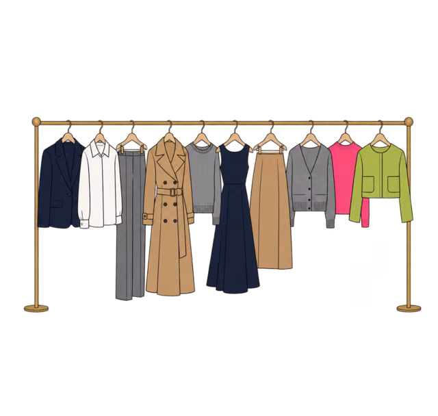 ราวเสื้อผ้าที่มีชิ้นคลาสสิกสีกรม ขาว แคมเมล และเทา 8 ชิ้น กับชิ้นสีสดชมพูและเขียวมะนาวอีก 2 ชิ้นที่ปลายราว