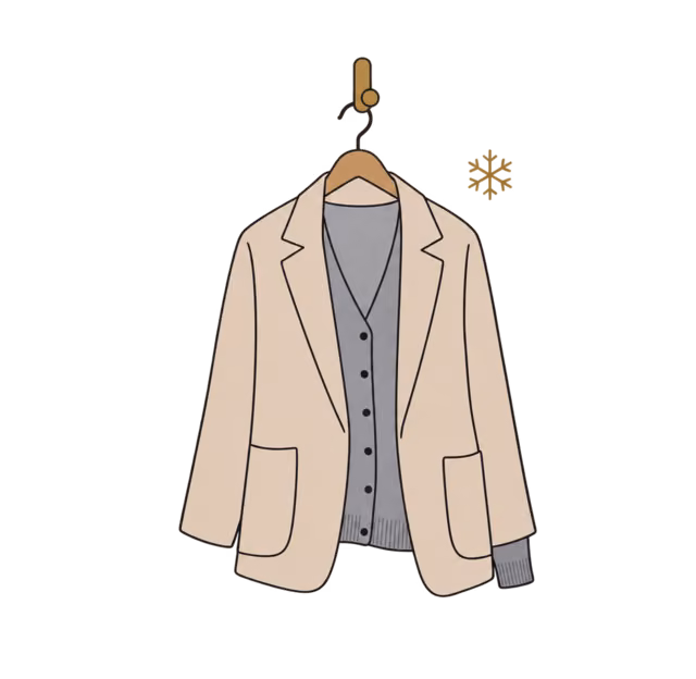 Blazer สีทรายและคาร์ดิแกนสีเทาแขวนไว้ที่ตะขอ ข้างๆ มีสัญลักษณ์เกล็ดหิมะ