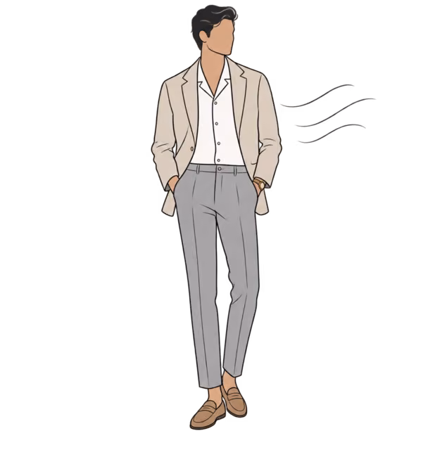 ผู้ชายใส่ Blazer ลินินคอตตอนสีสโตน เสื้อแขนสั้นสีขาว กางเกงสีเทาอ่อน และ Loafer หนังกลับ มีสายลมอ่อนๆ