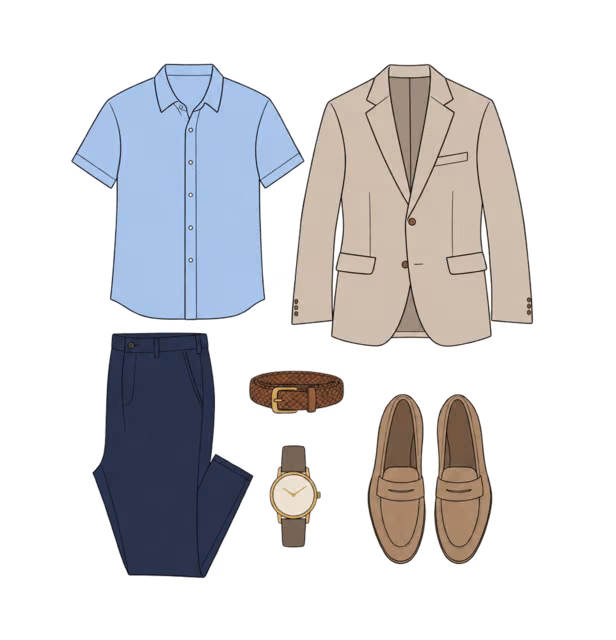 เสื้อเชิ้ตสีฟ้าแขนสั้น Chinos สีกรม Blazer สีทราย เข็มขัดถัก นาฬิกา และ Loafer หนังกลับ วางเรียงกัน