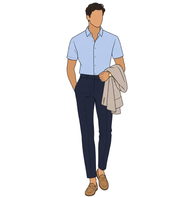 ผู้ชายใส่เสื้อเชิ้ตแขนสั้นสีฟ้า Chinos สีกรม และ Loafer หนังกลับ พาด Blazer สีสโตนไว้ที่แขน