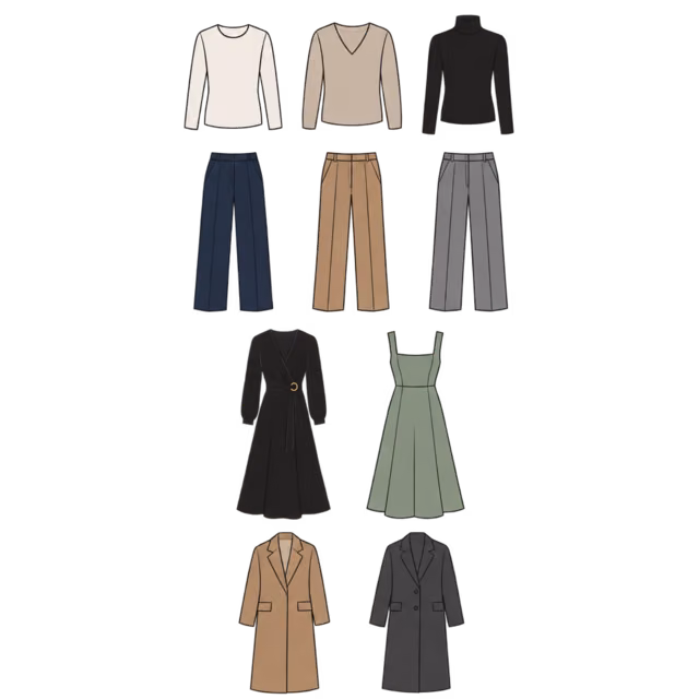 เสื้อ กางเกง ชุดเดรส และโค้ตวางเรียงเป็นสี่แถว